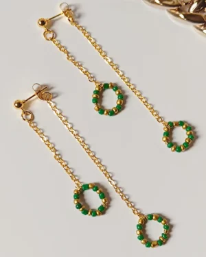 boucles d'oreilles pendantes fait main en perles de rocailles | Vert & Or