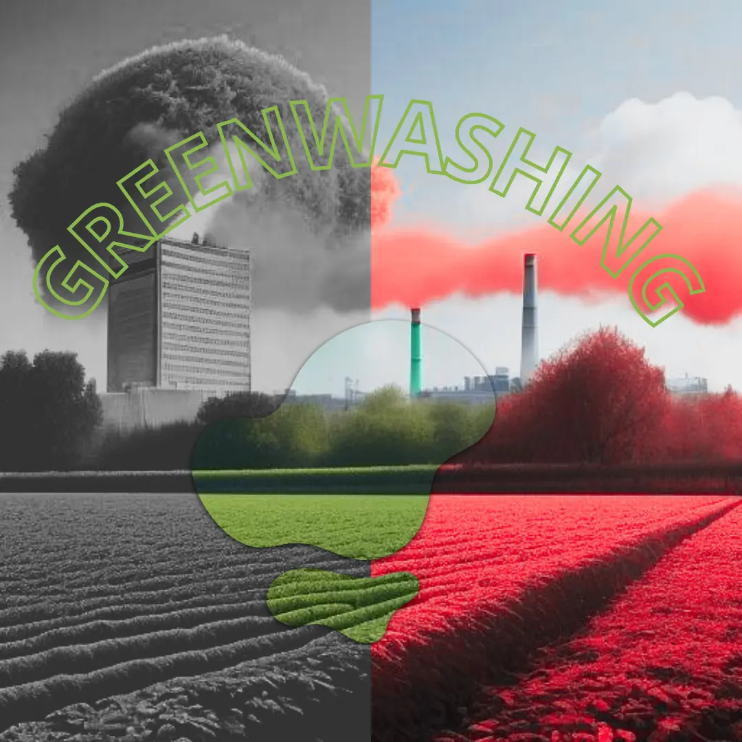 photo industriel en noir et blanc avec un splite au millieu. L'autre moitié en filtre rouge. Goute d'eau au millier avec un filtre vert. illustrant les dangers du greenwashing